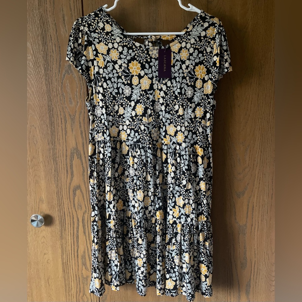 Lascana Black and Yellow Floral Tie Back Tiered Flowy Smock Dress
